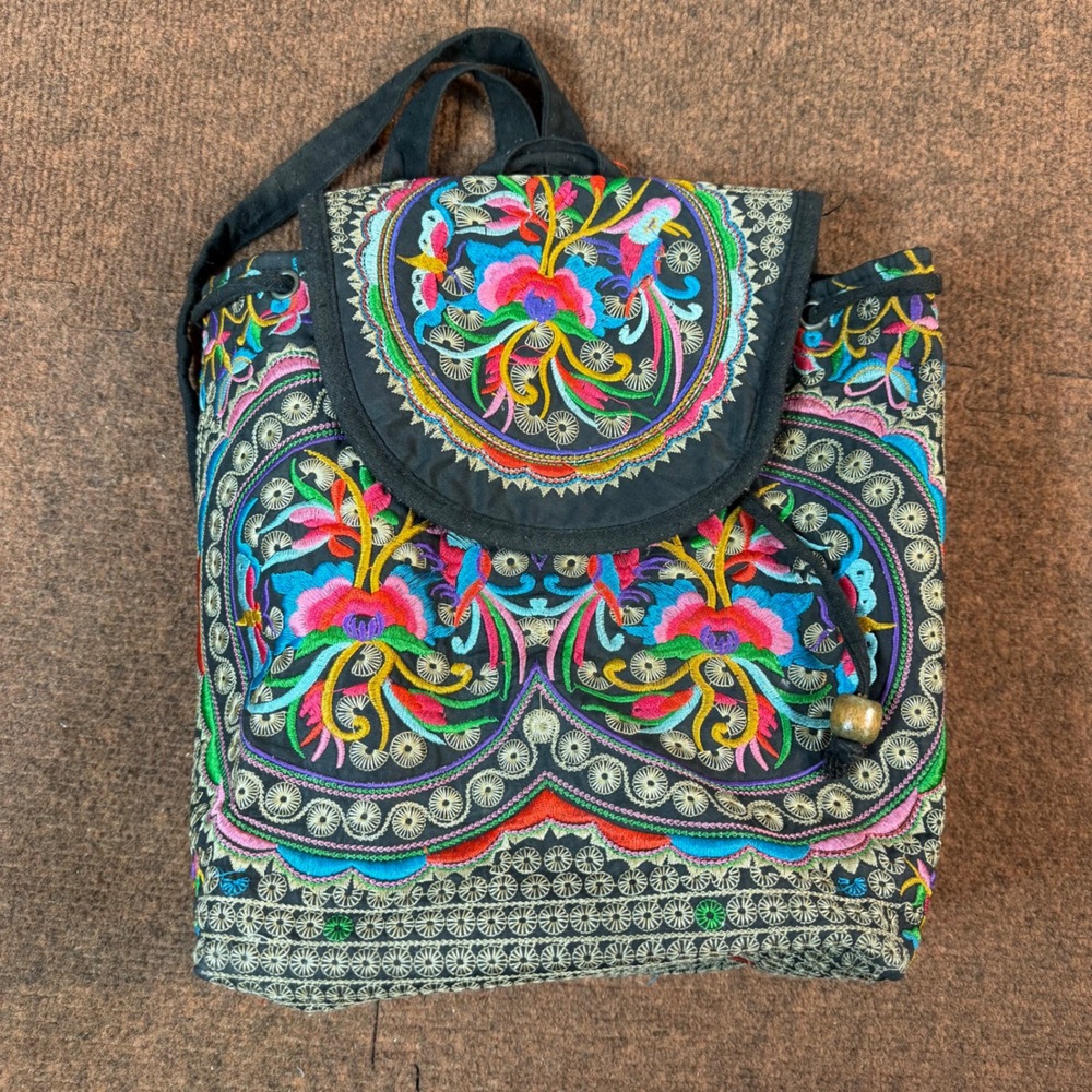 Boho Hmong Embroidered Backpack Floral Folk Art Canvas Drawstring Bag Black Mult
